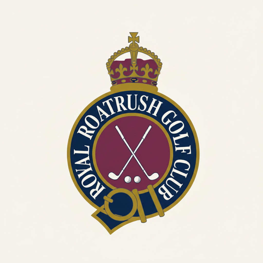 Logo of Royal Portrush Golf Club with crossed golf clubs and a crown on a white background