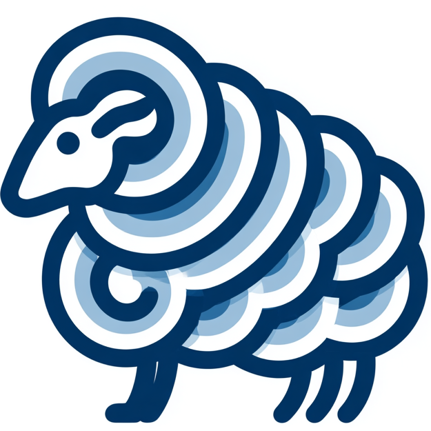 Blue and white stylized illustration of a ram on a white background
