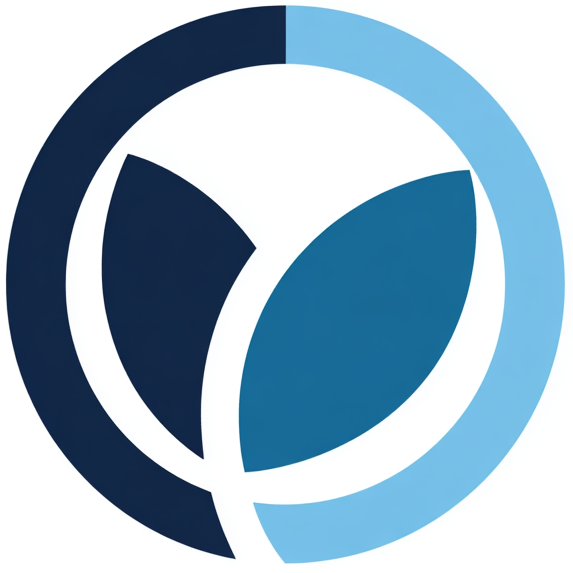 Blue and white logo with a circular design on a white background