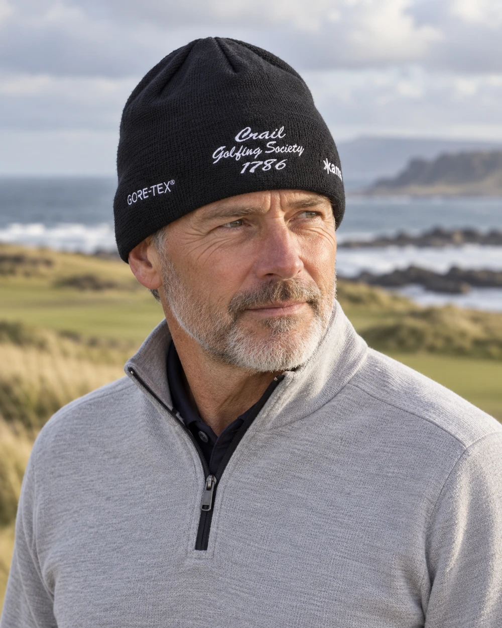 Crail Golfing Society branded KAMA beanie — AI lifestyle concept