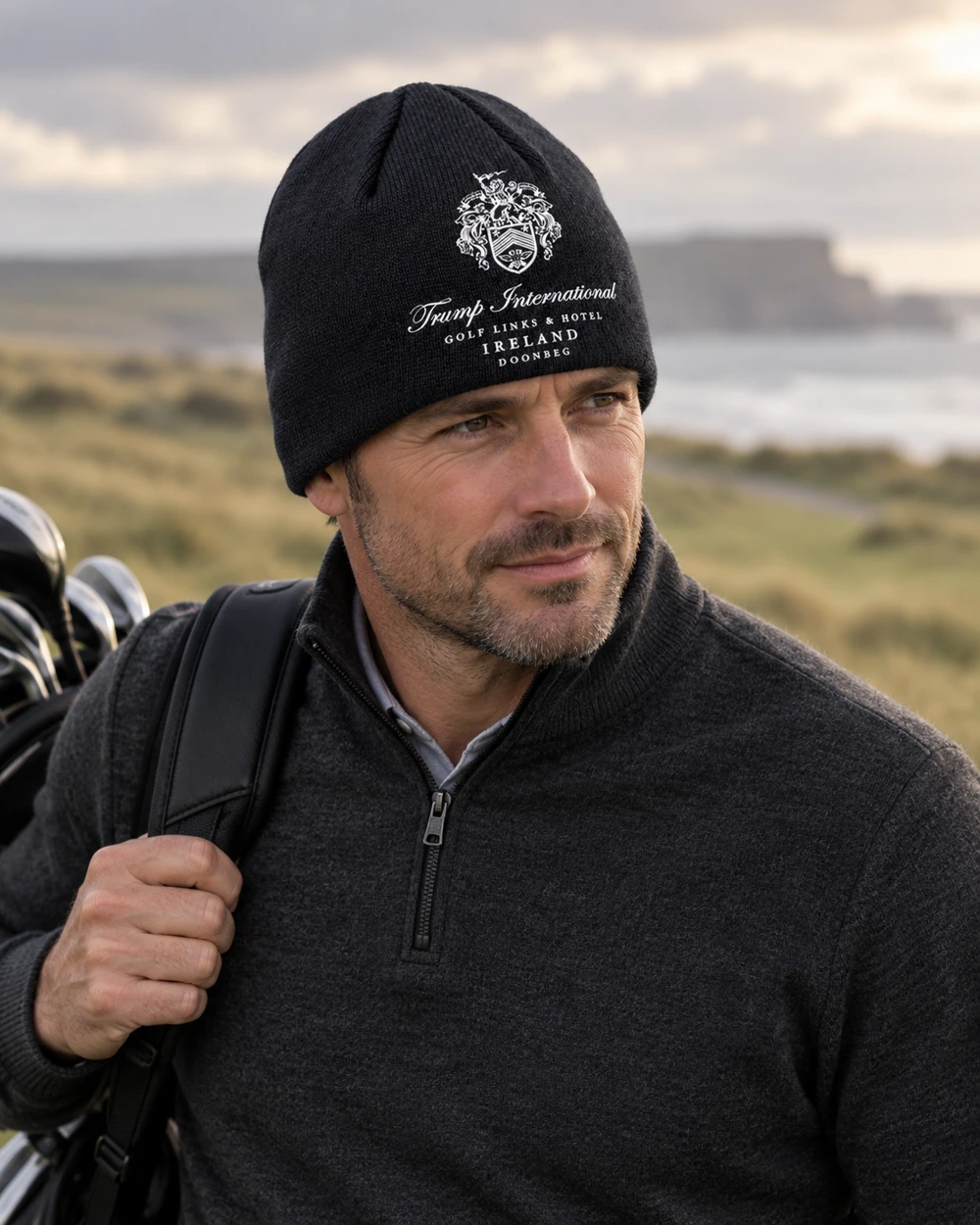 Trump International, Doonbeg branded KAMA beanie — AI lifestyle concept